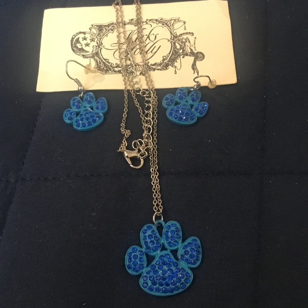 Vintage & Rare Find Kirks Folly Blue Paw Print Necklace and Earring Set